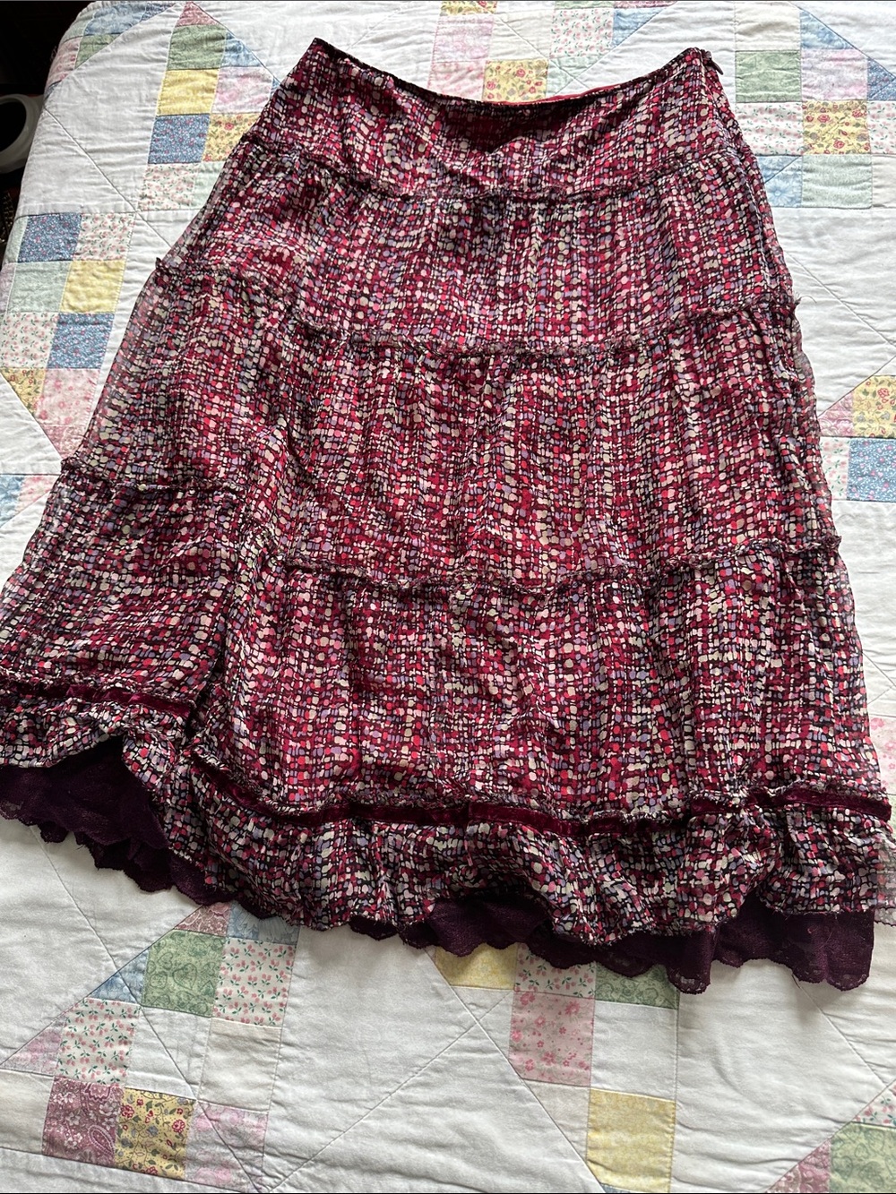 H—Tiered Ruffled Silk Skirt in Burgundy Pink